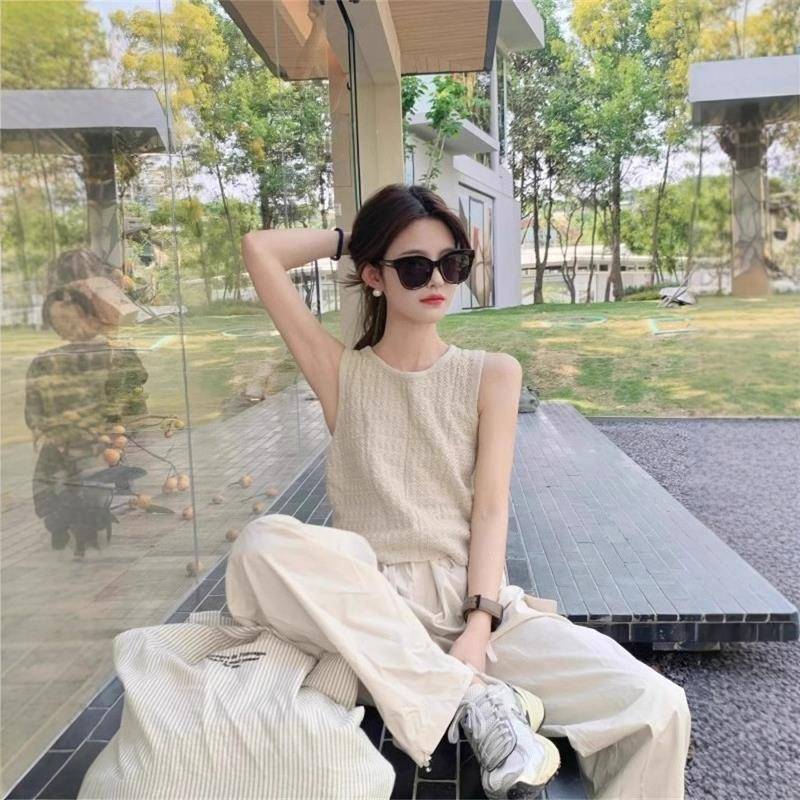 韩国工字冰丝针织吊带背心女夏季薄款高级感外穿无袖t恤短款上衣
