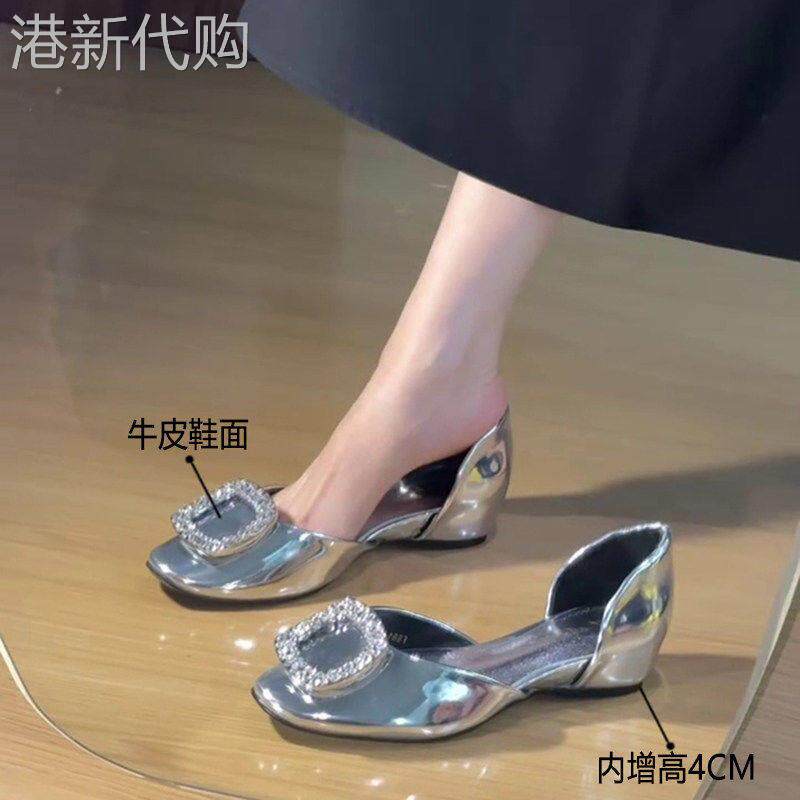 香港真皮内增高方头水钻单鞋女法式通勤鞋一脚蹬舒适百搭中空凉鞋
