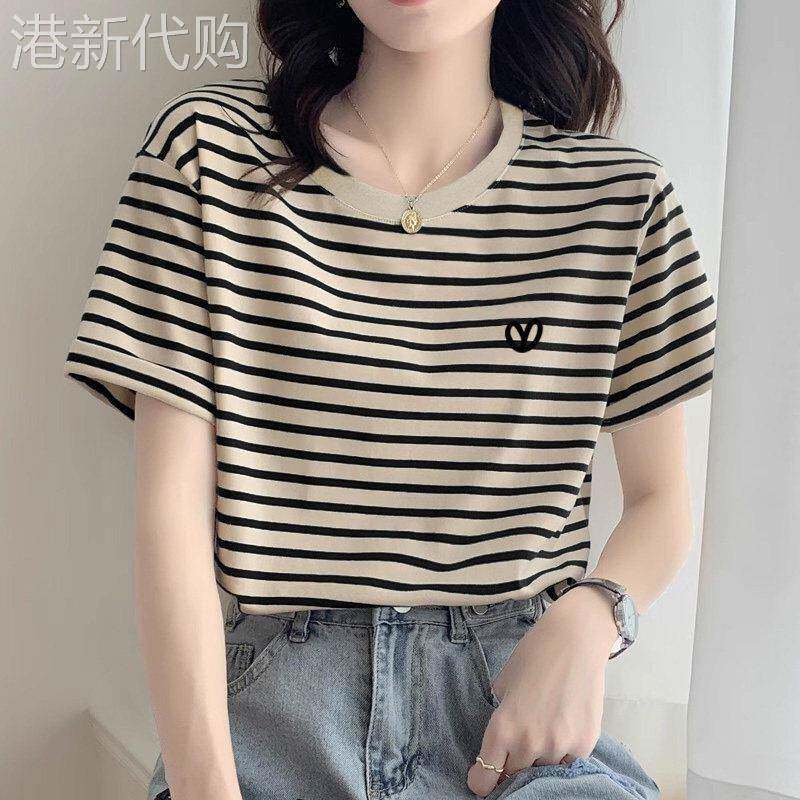 中年妈妈圆领纯棉正肩条纹短袖T恤女士夏季薄款宽松时尚休闲上衣