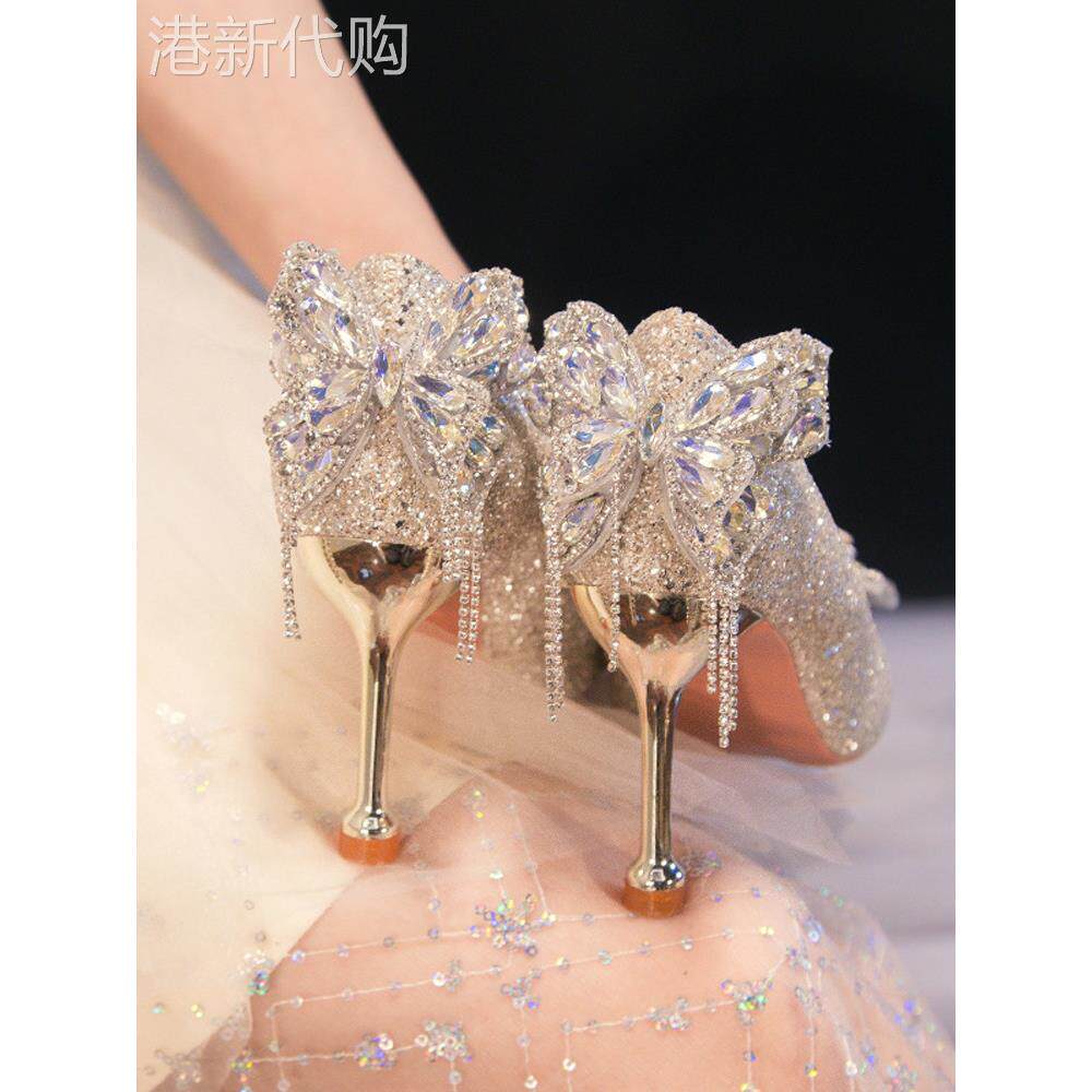 2025新款春秋新娘鞋秀和礼服金色高跟水晶鞋