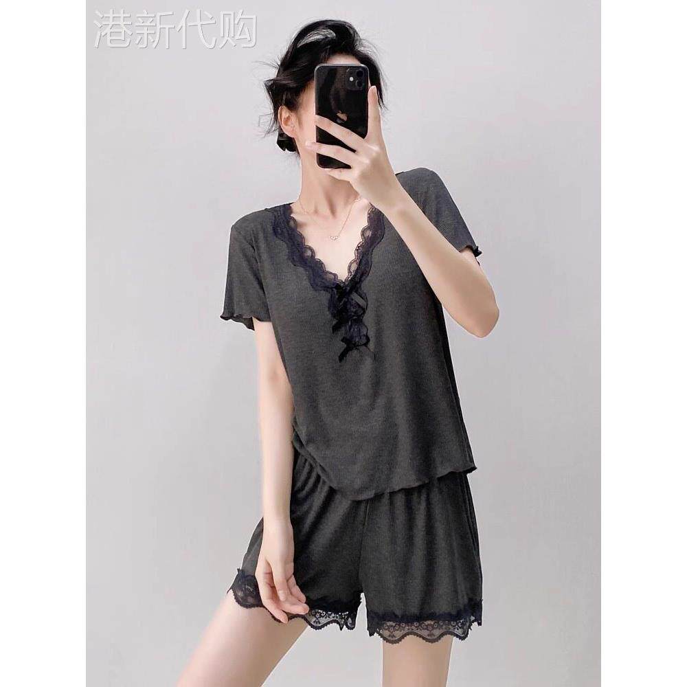 带胸垫性感冰丝睡衣女夏季薄款纯欲蕾丝短袖莫代尔家居服两件套装