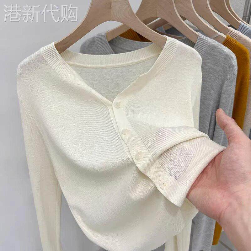 针织开衫外套女春秋薄款2025新款气质打底衫修身短款v领长袖上衣
