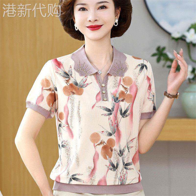 中老年妈妈气质冰丝翻领短袖T恤女士夏季薄款宽松大码洋气小衫