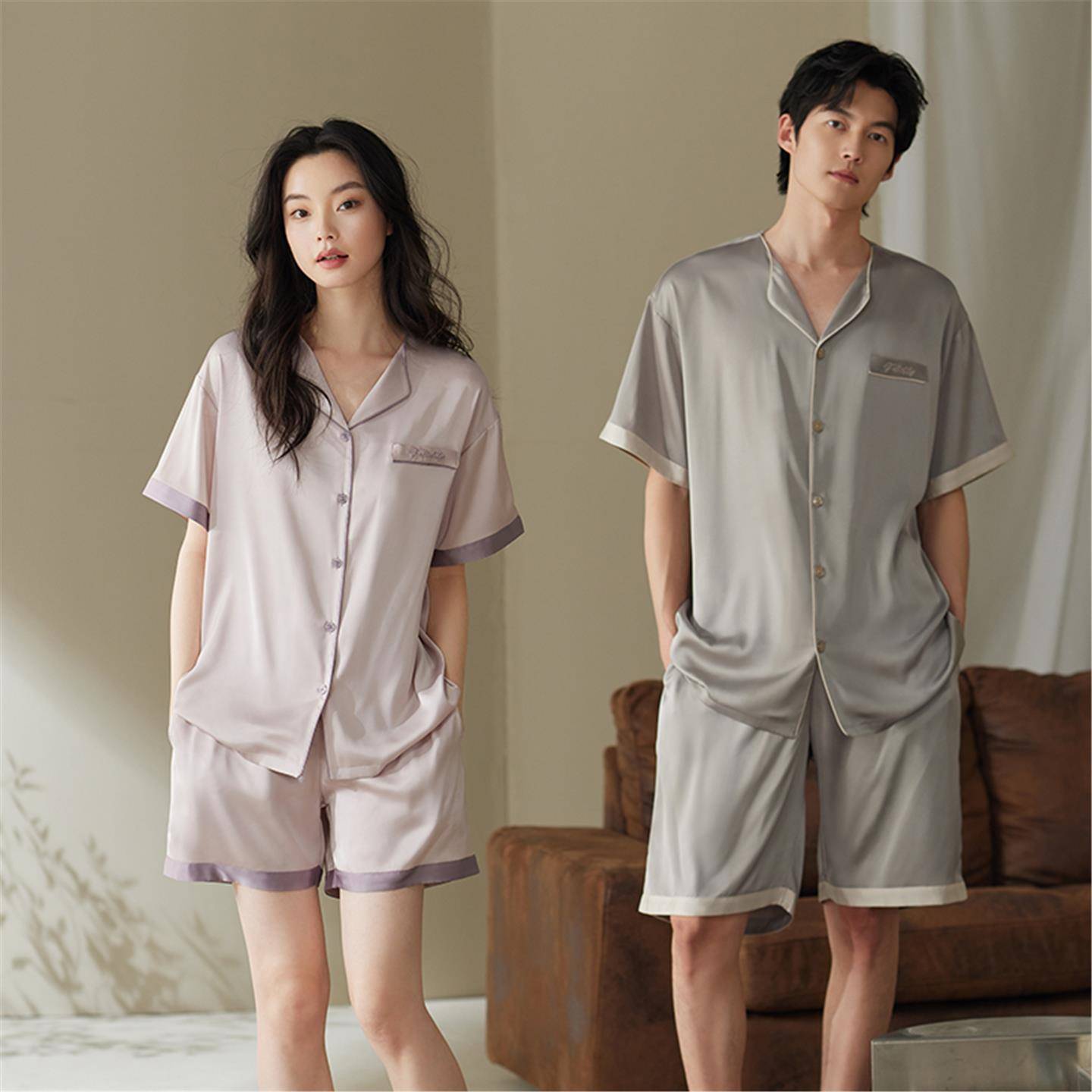 情侣睡衣女款2025新款夏冰丝短袖可外穿高级感真丝家居服男士套装