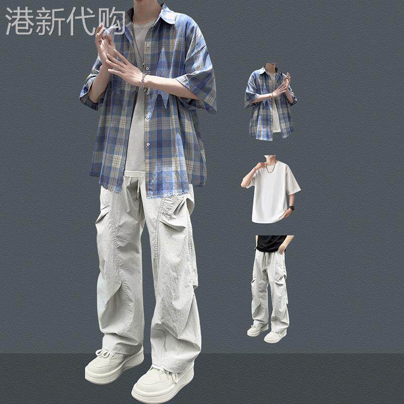格子短袖衬衫套装男夏季薄款潮牌痞帅青少年搭韩系穿搭休闲三件式
