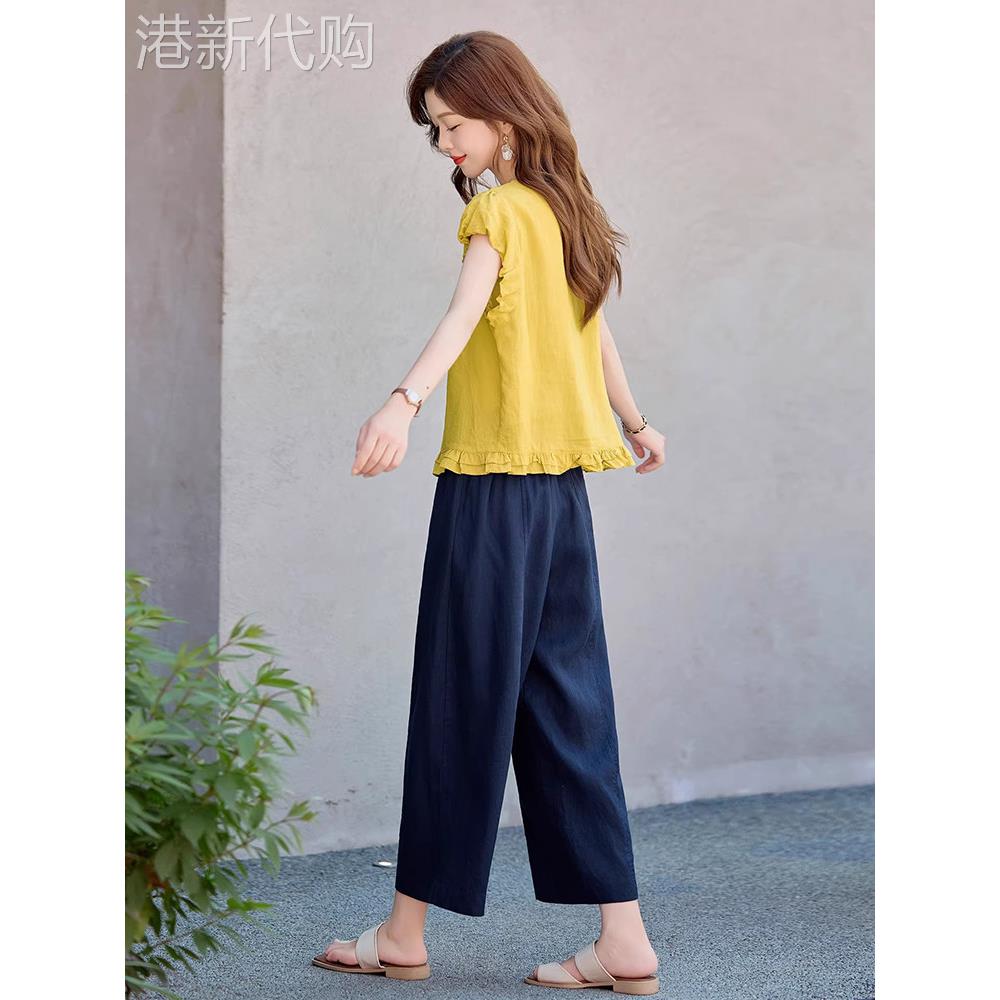 潮牌无袖衬衫套装女夏季韩系穿搭圆领荷叶边小衫阔腿裤亚麻两件套