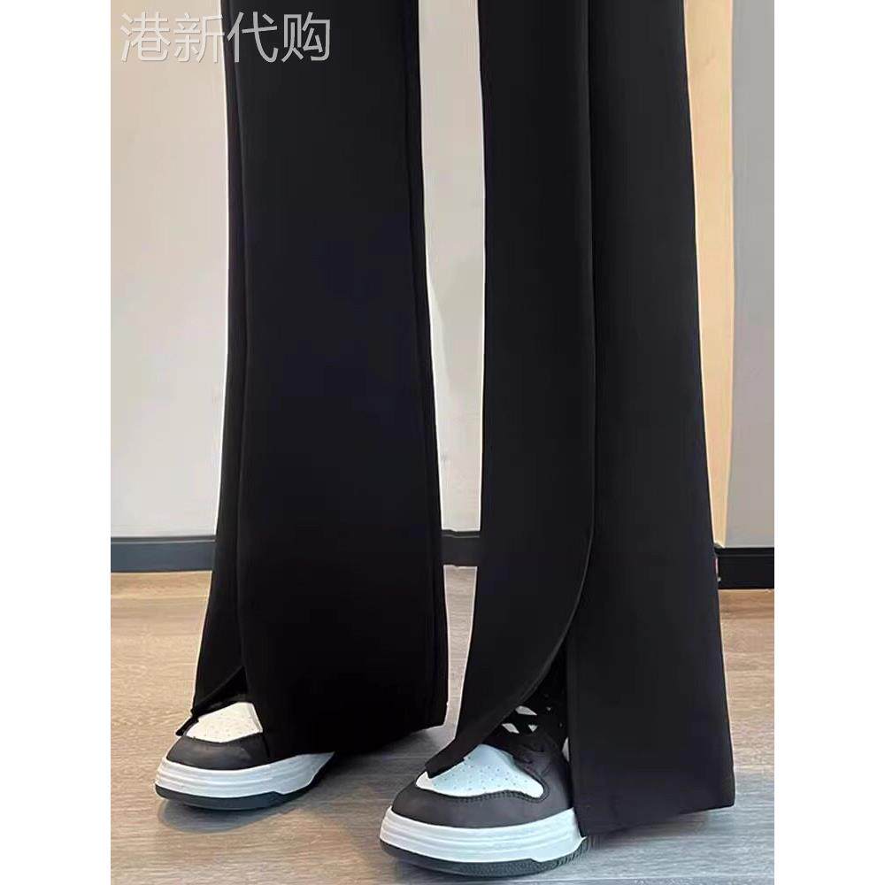 黑色开叉西装裤女2025夏季新款简约休闲垂感拖地阔腿裤高腰喇叭裤