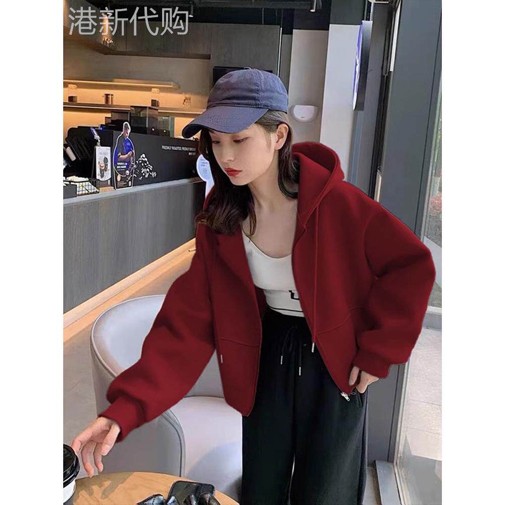 酒红色卫衣女春秋季2025新款爆款小个子连帽拉炼休闲开衫短款外套