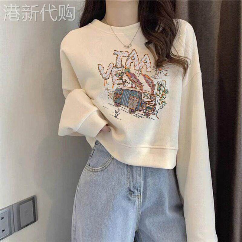 卫衣女春秋2025新款爆款韩版宽松短款小个子时尚印花圆领长袖上衣