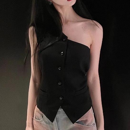 辣妹气质高腰显瘦斜肩背心西装马甲女夏季设计性感单肩短款上衣