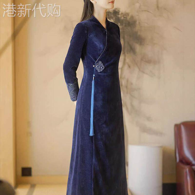 刺绣茶艺师服装中国风改良汉服旗袍连衣裙中式女装禅意茶服女秋冬