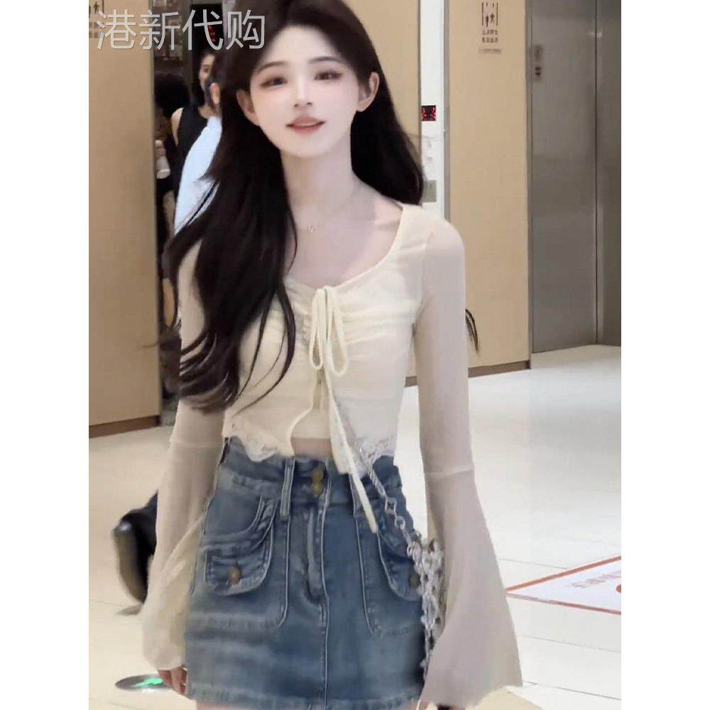 夏季纯欲风长袖雪纺衫女新款喇叭袖甜辣性感短款系带仙气百搭上衣