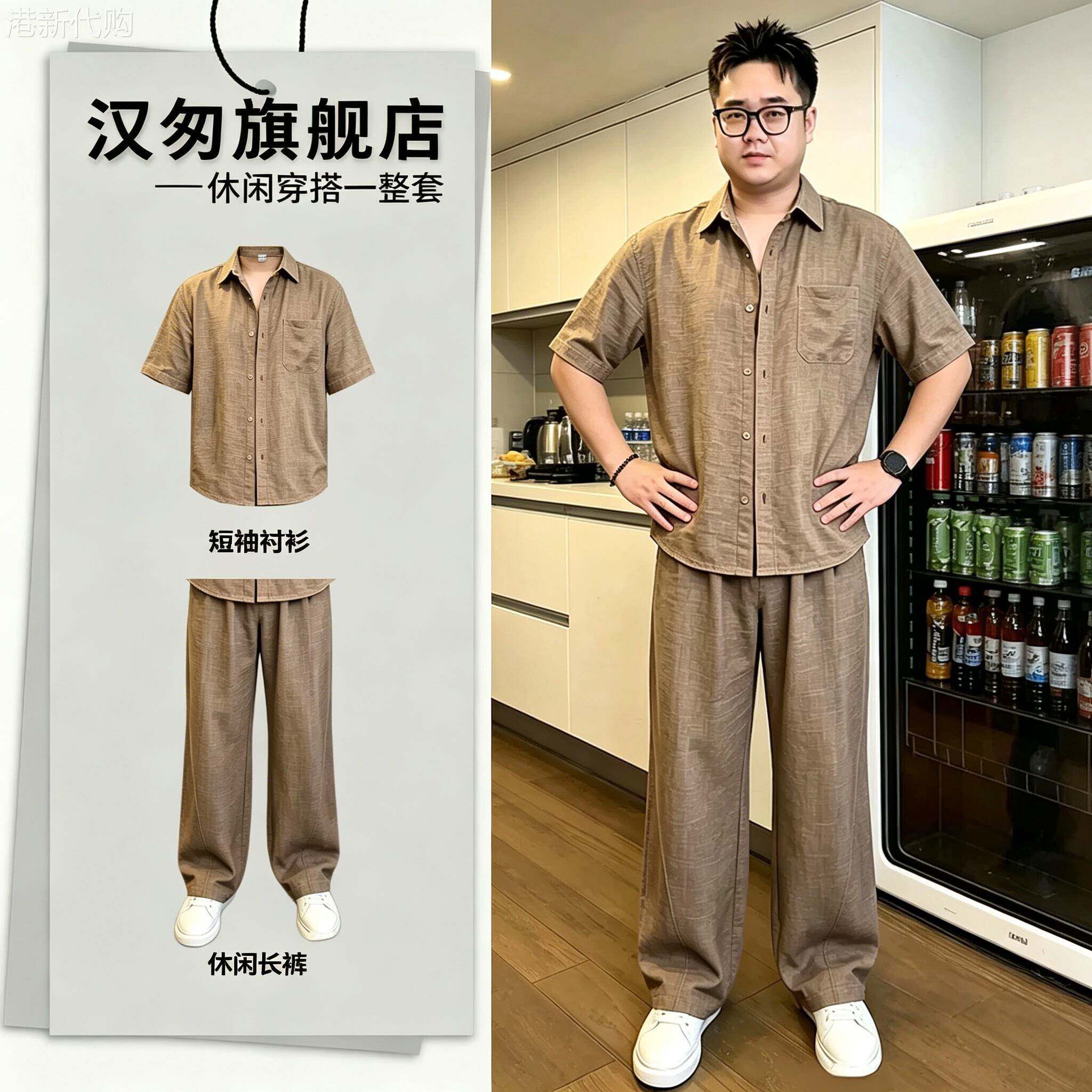咖色老钱风亚麻套装男夏季宽松遮肉显瘦冰丝短袖衬衫长裤两件套潮