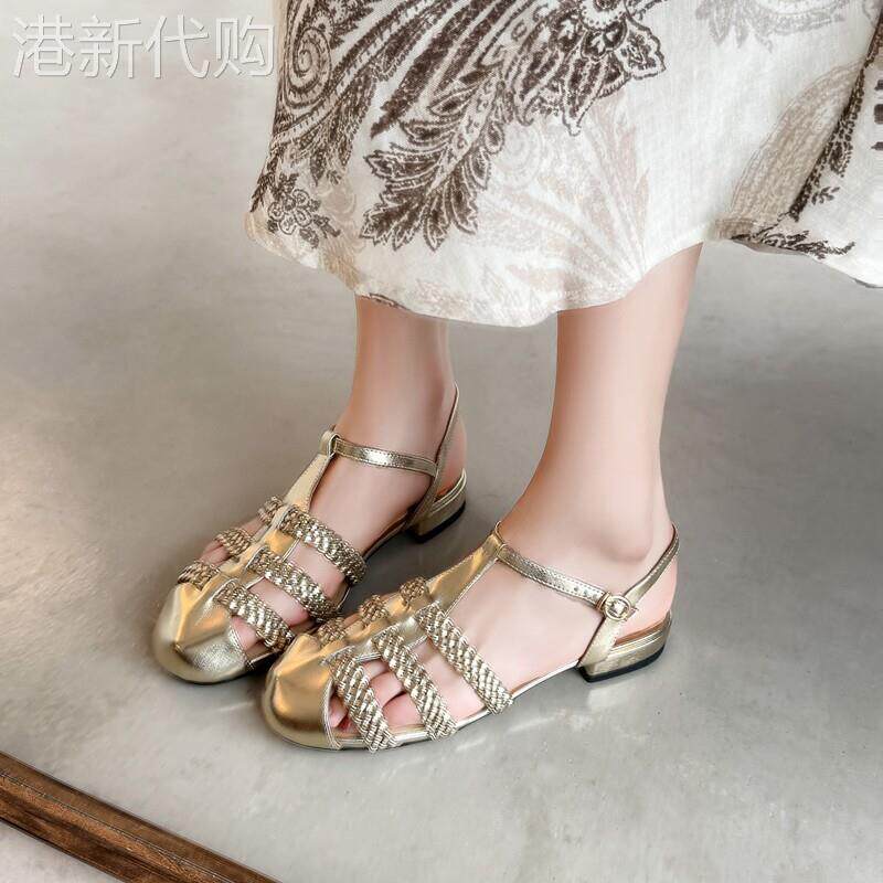 夏日绘本~百搭编织镂空包头凉鞋女平底罗马鞋海边度假风沙滩鞋子
