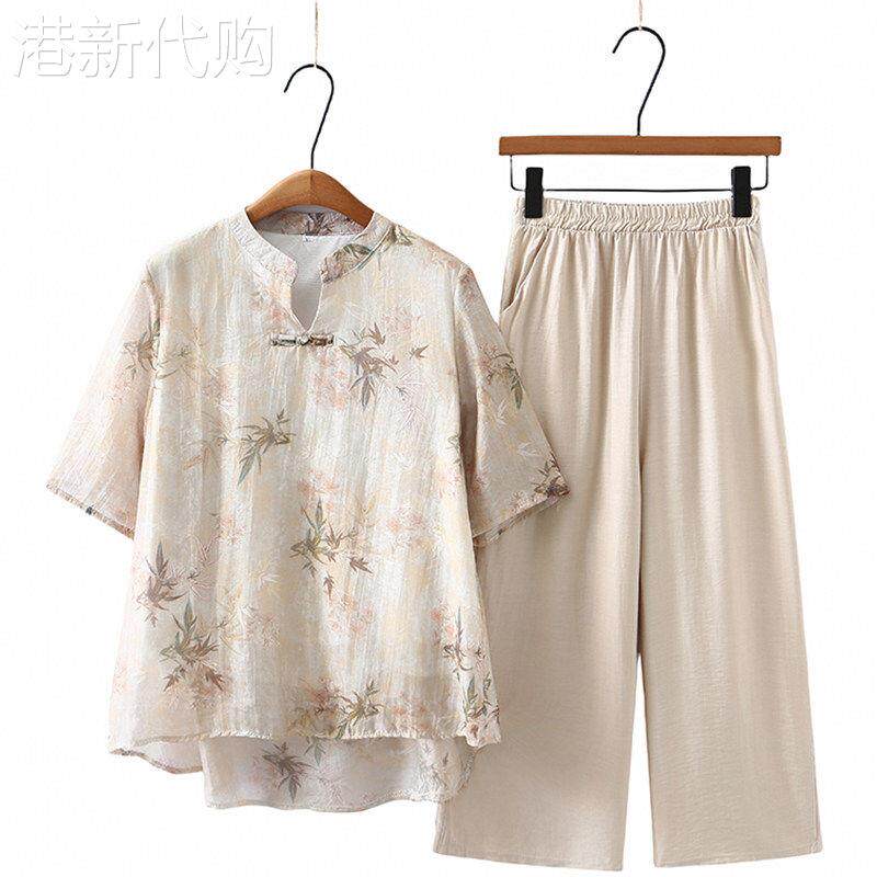 中老年妈妈休闲时尚洋派棉麻短袖套装女是夏装宽松大尺码国风两件