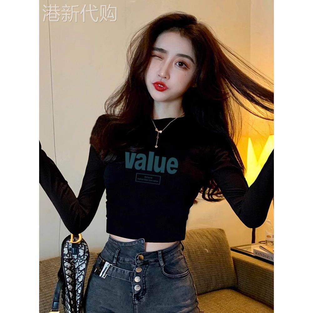 黑色半高领长袖T恤夏季新款女装紧身内搭打底衫短款露脐印花上衣