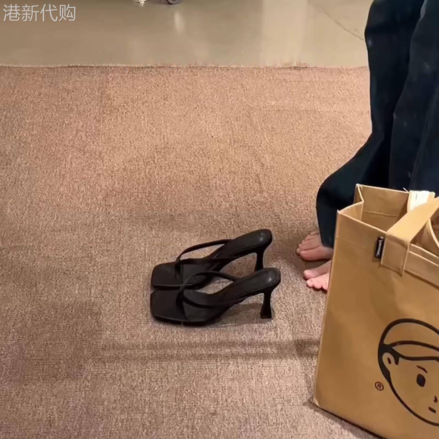 法国Uamtor羊皮！高跟人字拖鞋女2026百搭不累脚方头夹脚细跟凉拖