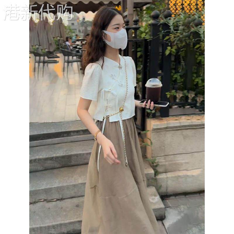 夏季套装女2025新款休闲时尚洋气减龄改良式旗袍上衣半身裙两件套