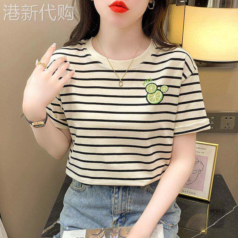 中年妈妈圆领条纹时尚短袖t恤女士夏季薄款新款宽松大码正肩体恤