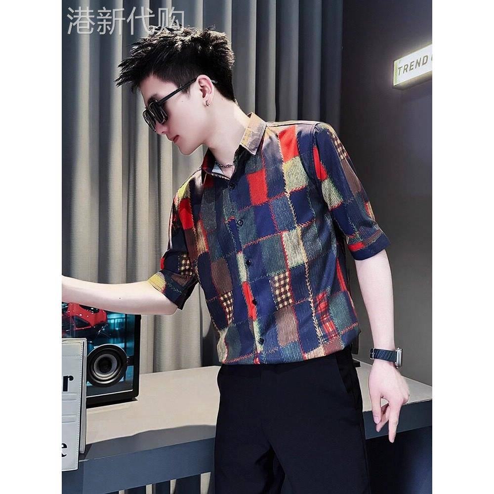 LL男装衬衫男短袖夏高级感痞帅2025年新款潮牌超火格子五分袖上衣