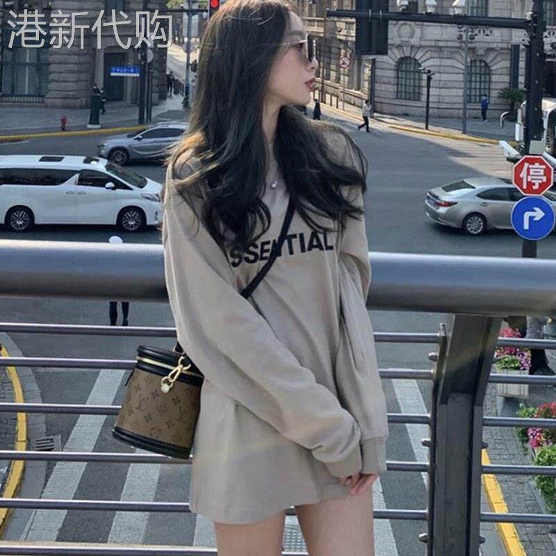 灰色长袖T恤女春秋款欧货潮牌打底衫ins高街薄卫衣大版中长版上衣
