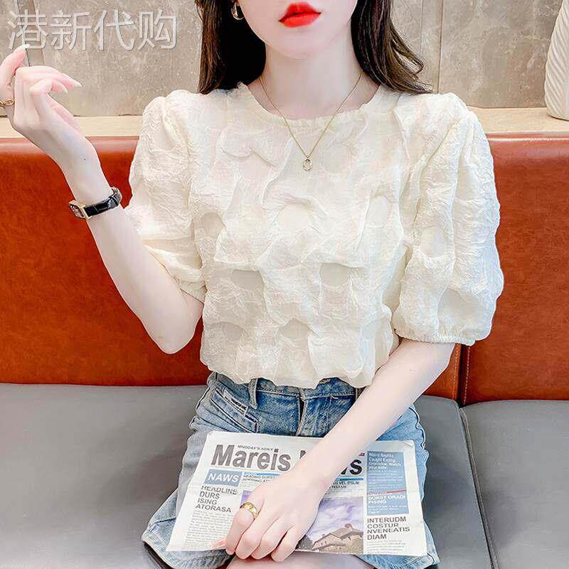 雪纺衬衫女短袖夏季2026年新款高级感气质独特别致泡泡袖短款上衣