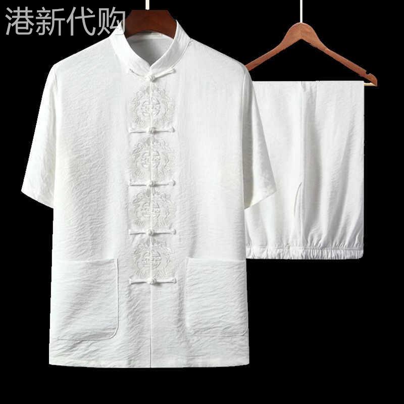 中国风宽松舒适棉麻唐装男士短袖套装中老年人夏装中式刺绣爸爸装
