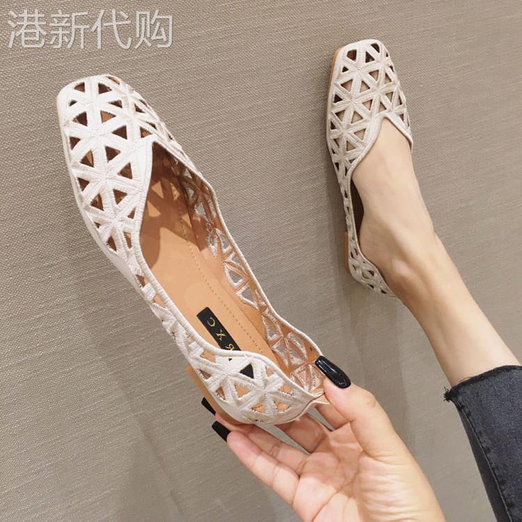 港风轻奢新款~包头镂空凉鞋女夏季百搭透气浅口方头软底平底单鞋