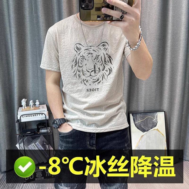 冰丝亚麻短袖t恤男士2025夏季新款潮牌薄款修身圆领半袖体恤上衣