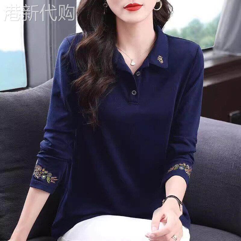 纯棉长袖t恤女装2025春秋新款妈妈翻领polo衫大码宽松上衣打底衫