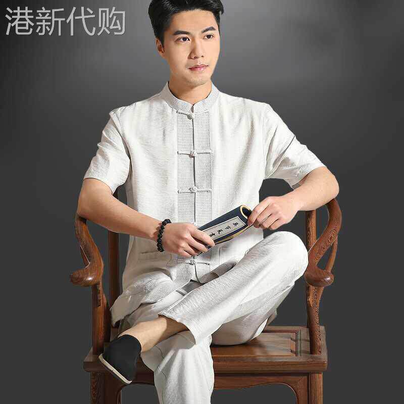 中国风汉服套装男士夏季薄款复古茶服禅意居士服传统文化短袖唐装