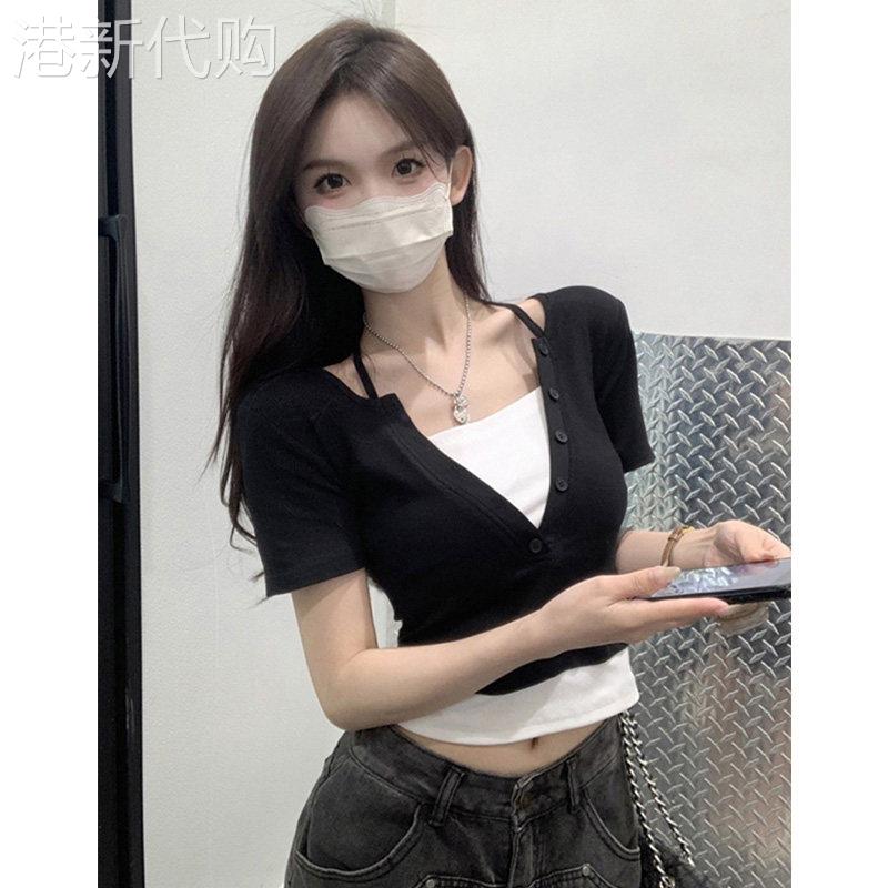 辣妹挂颈假两件T恤女短袖夏季设计感小众修身显瘦高腰短款bm上衣图片