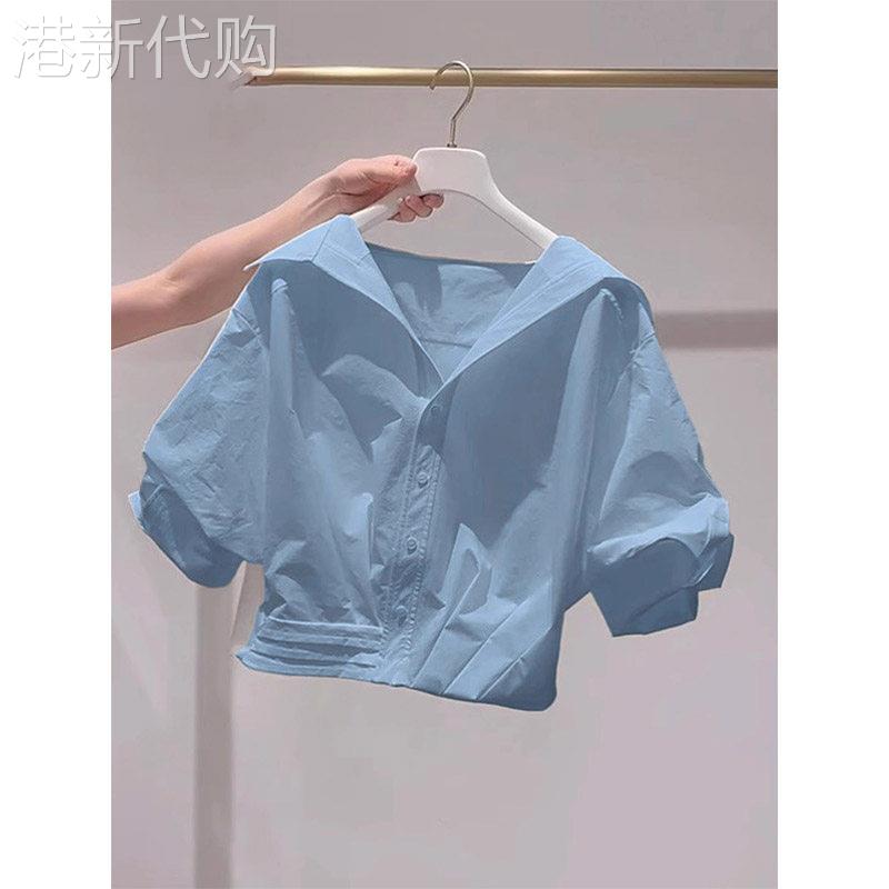 蓝色翻领短款衬衫女夏季欧洲站2026新款甜美气质减龄百搭短袖上衣