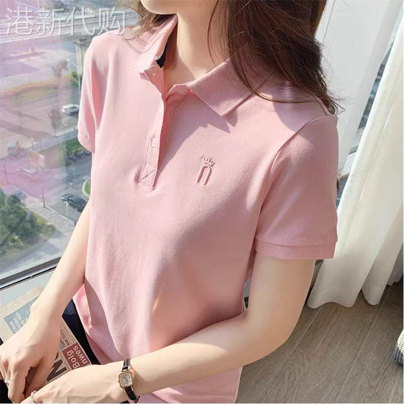 潮牌短袖polo衫女夏季新款修身大尺码正肩翻领t恤纯棉休闲 T恤上