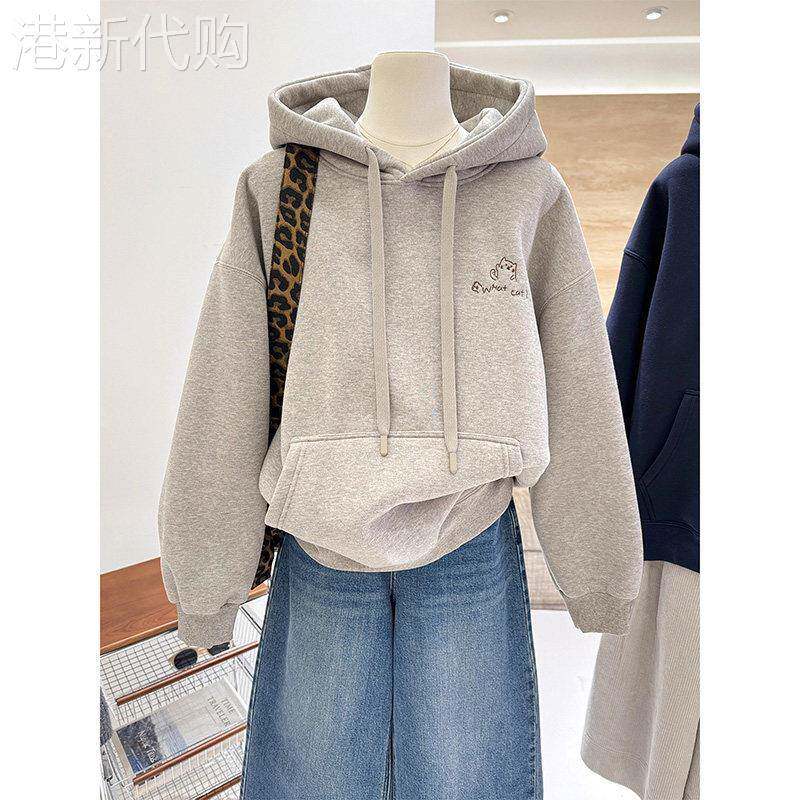 浅灰色长袖连帽卫衣女秋冬欧货加绒加厚卡通小猫刺绣宽松内搭上衣