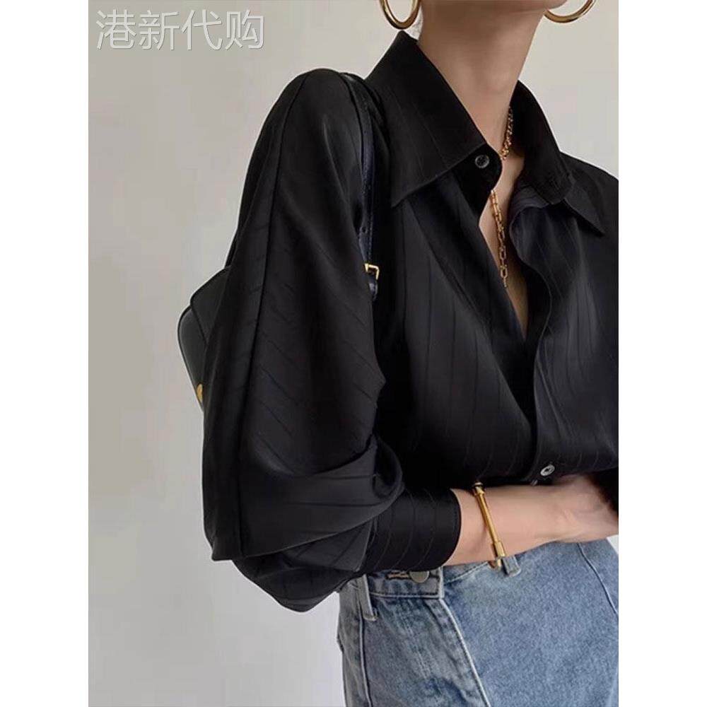 法式修身黑色衬衫女士2025夏季新款高级感宽松长袖衬衫Polo领上衣