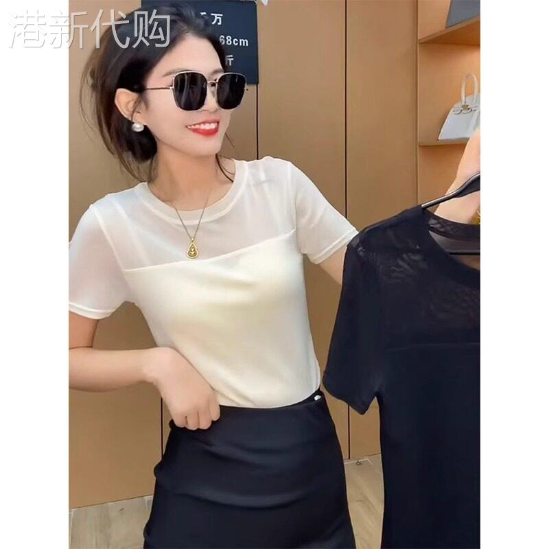 圆领欧根纱拼接短袖T恤女夏季薄款2025新款设计感小众时尚上衣女