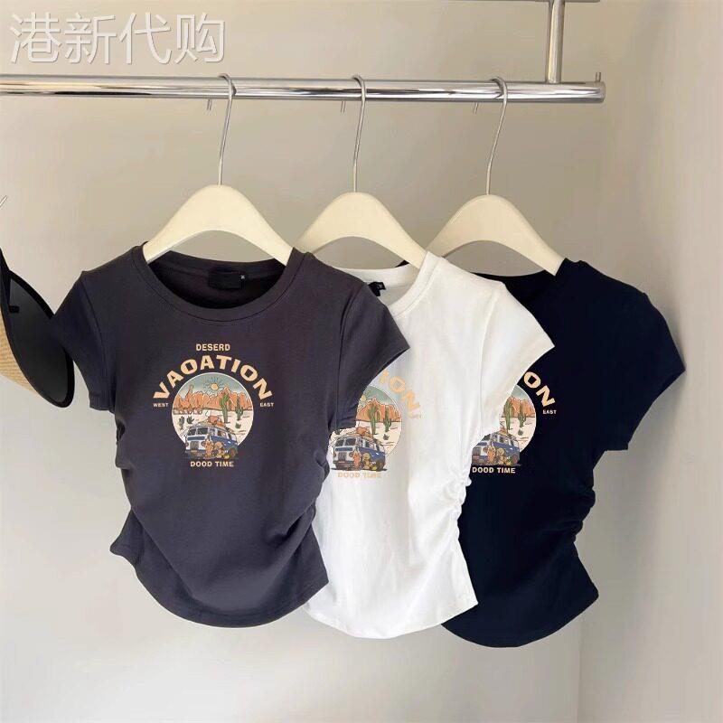 正肩印花短袖T恤女装2026夏季新款设计感收腰褶皱短款甜辣妹上衣