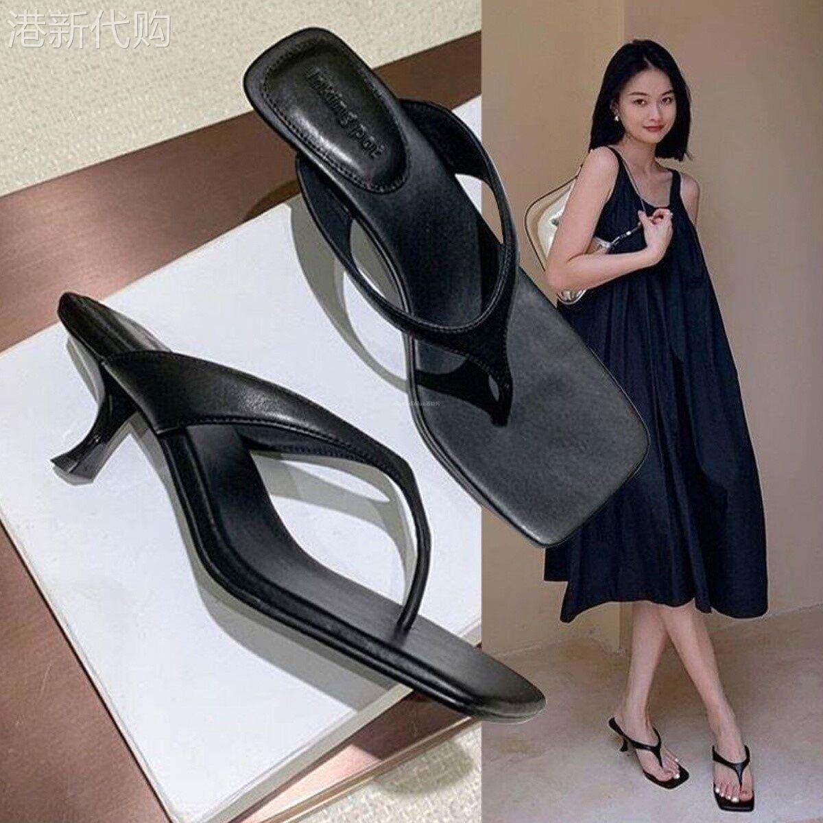 香港方头夹趾细高跟人字拖鞋女2026春夏新款时尚真皮小猫跟凉鞋子