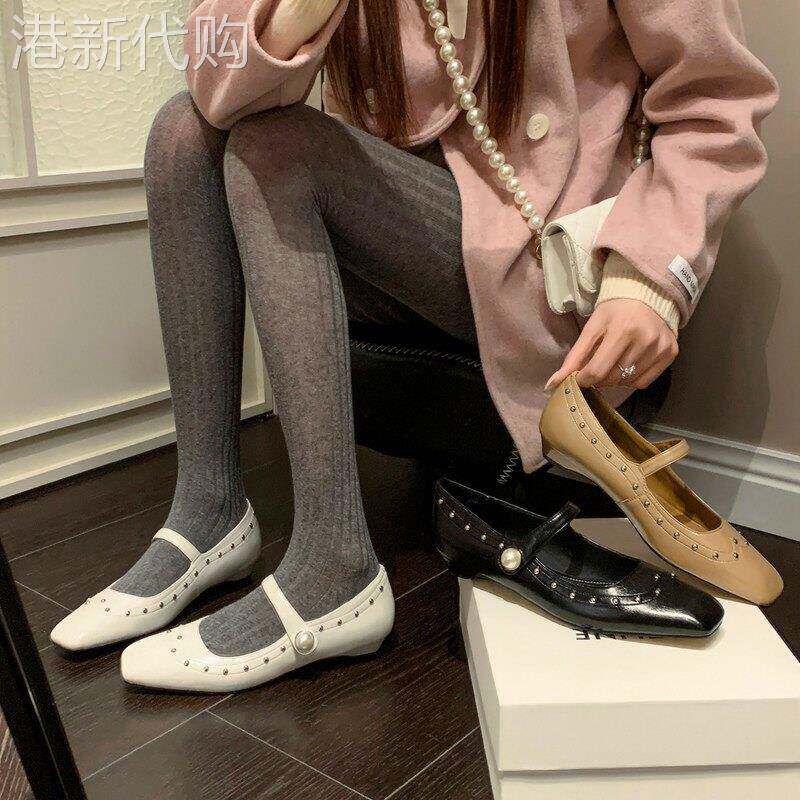 掌上明珠~欧美风珍珠铆钉玛丽珍鞋春季牛皮女鞋时髦方头坡跟单鞋