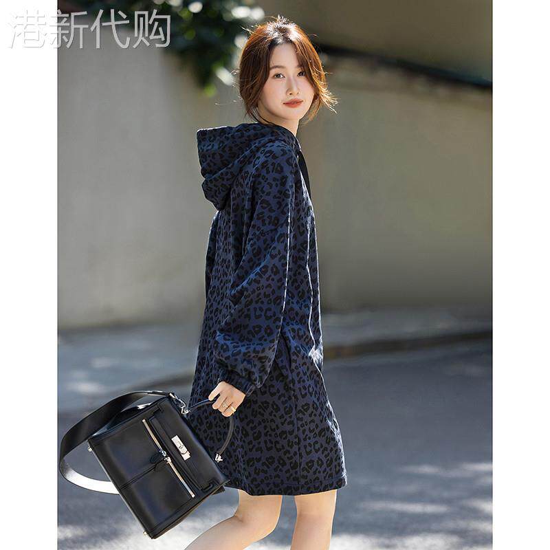 德玛纳潮流豹纹印花连帽运动衫裙女26春季新款宽松小个子休闲洋装