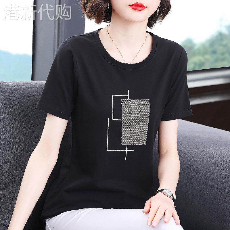 黑色纯棉短袖t恤女夏季新款宽松大尺码女装圆领中长版上衣百搭减