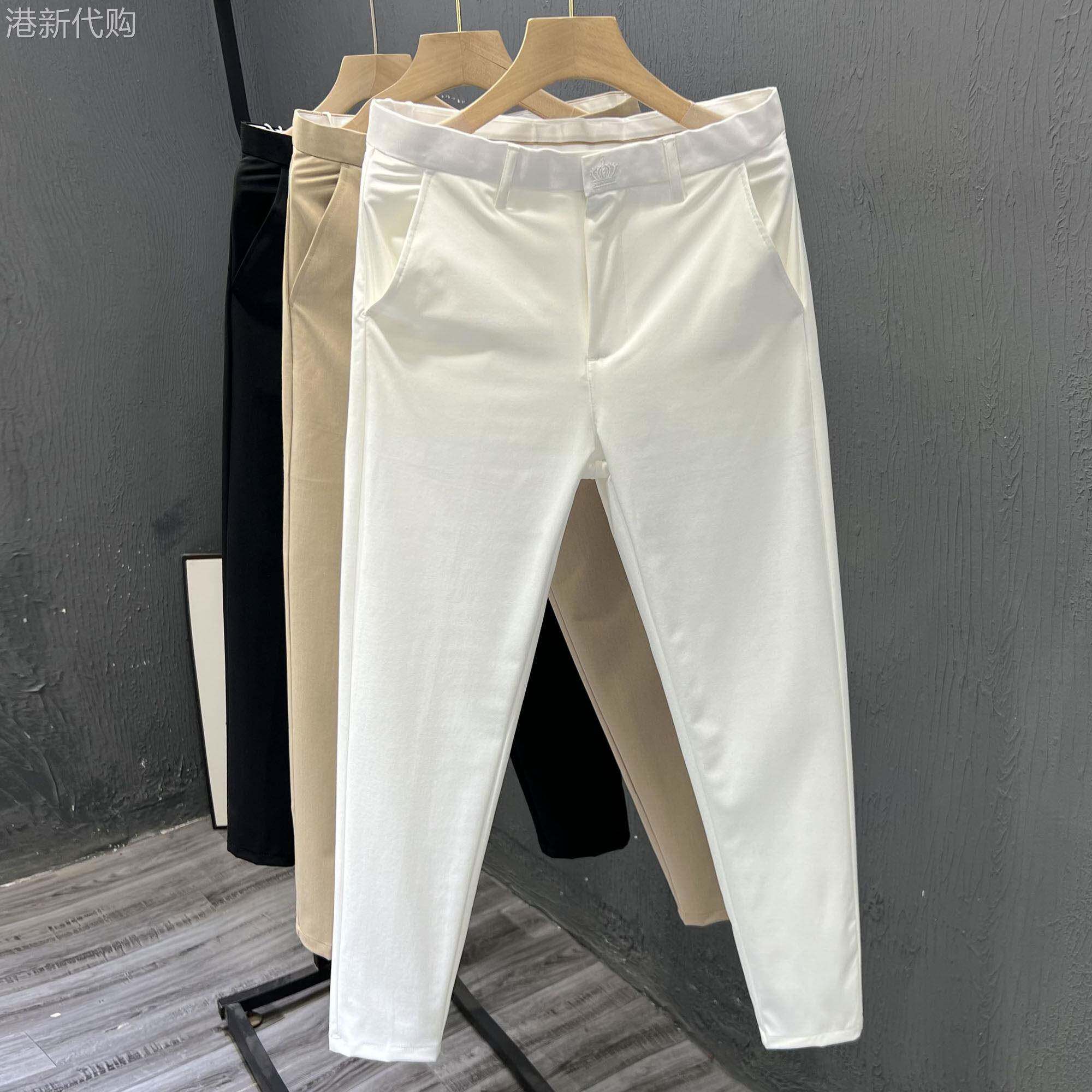 高档白色九分西裤男夏季薄款休闲裤男士弹力修身商务职业西装裤子