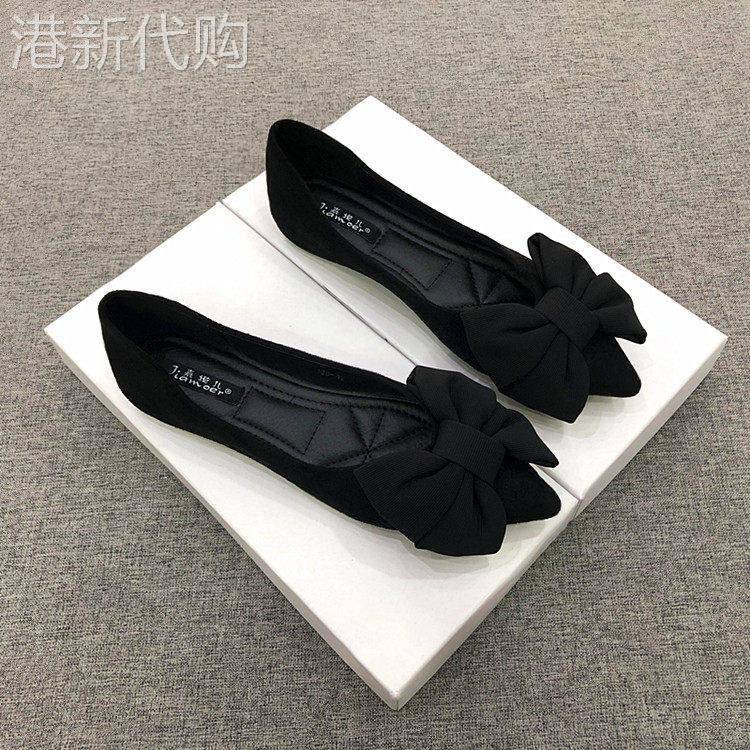 平底舒适单鞋女2026年新款女尖头鞋橡胶底蝴蝶结黑色百搭工作瓢鞋