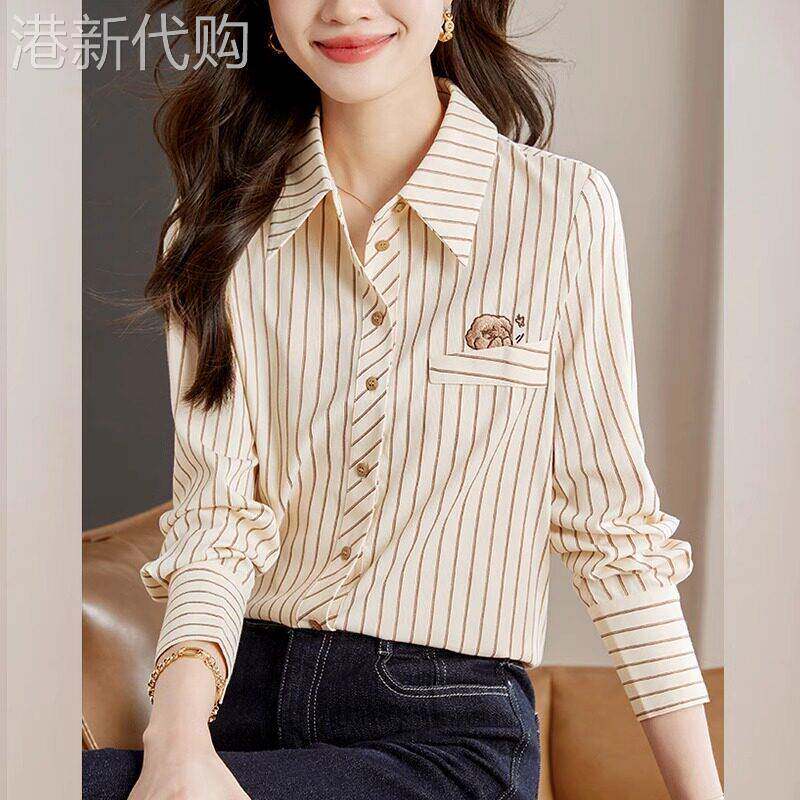 韩版刺绣条纹衬衣女2025年春秋新款学院风单排扣百搭全棉衬衫上衣