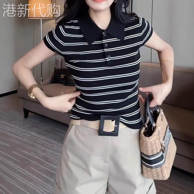 大码2026夏季时尚百搭polo领条纹短袖T恤女胖mm宽松显瘦休闲上衣