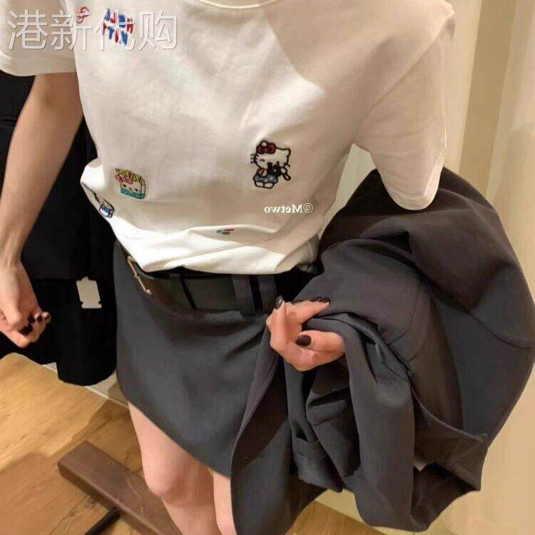 韩国Hello刺绣卡通白色短袖T恤女2025夏季圆领宽松休闲 半袖上衣