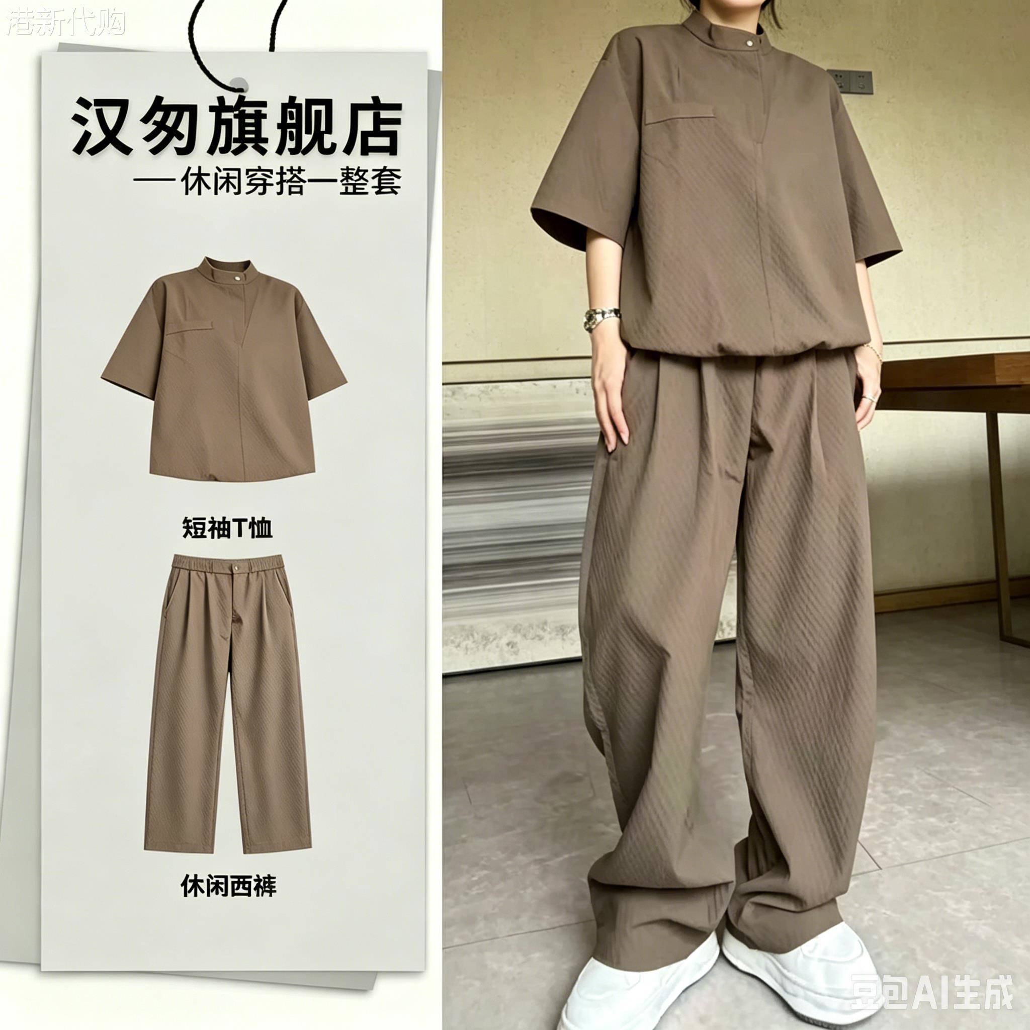美式休闲泡泡纱休闲套装男夏季新款潮流慵懒风短袖t恤长裤一整套
