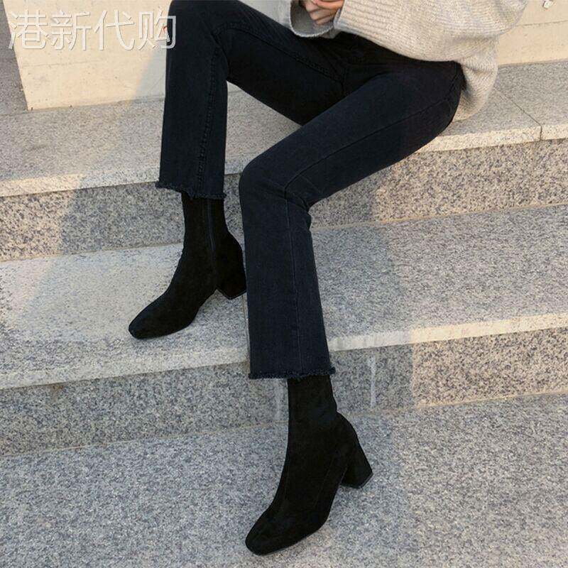 黑色小直筒牛仔裤女高腰九分秋冬加绒烟管裤小个子八分加厚薄绒裤