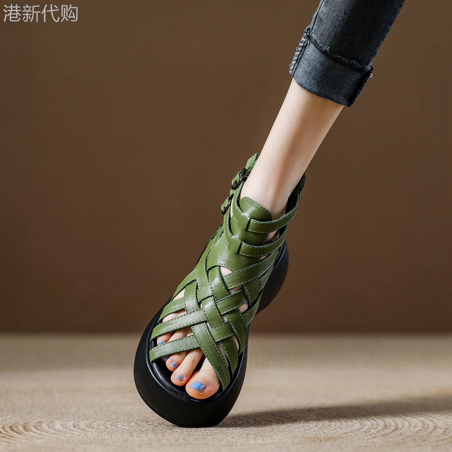 西班牙小众品牌ONGYSL橄榄绿包头编织银色凉鞋女鞋厚底镂空罗马鞋
